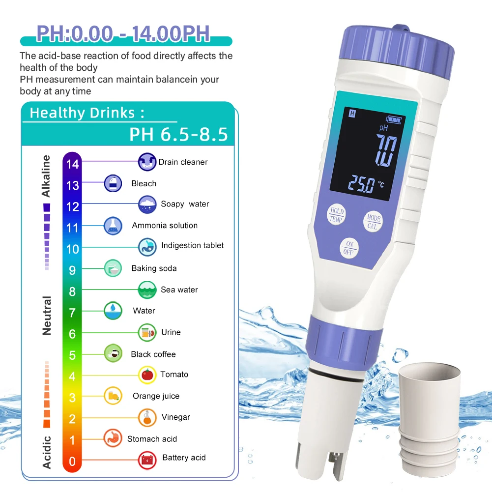YAGO Idrogeno Acqua Tester 7-in-1 TDS EC H2 ORP Temperatura del sale Misuratore PH per Acqua potabile Piscina Acquario-Tester dell'acqua accurato