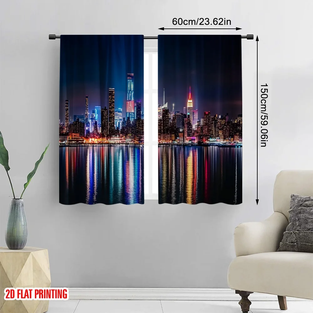 2pcs 2D flat printing Drapes New York City Night View (2) Digital Printed Polyester Drapes Festive Curtains Perfect for Drapes