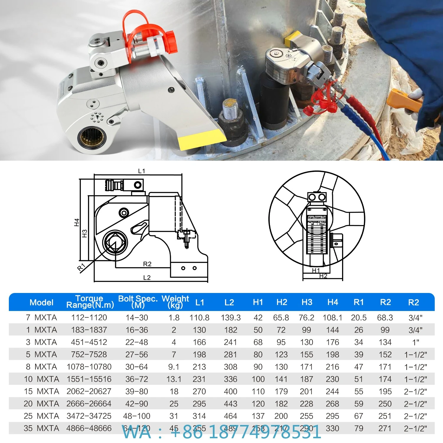 Tool8MXTA China 70 Mpa  e Adjustable 1/2  Hydraulic Torque Wrench High Strength 1078 to 10780 Nm Driv