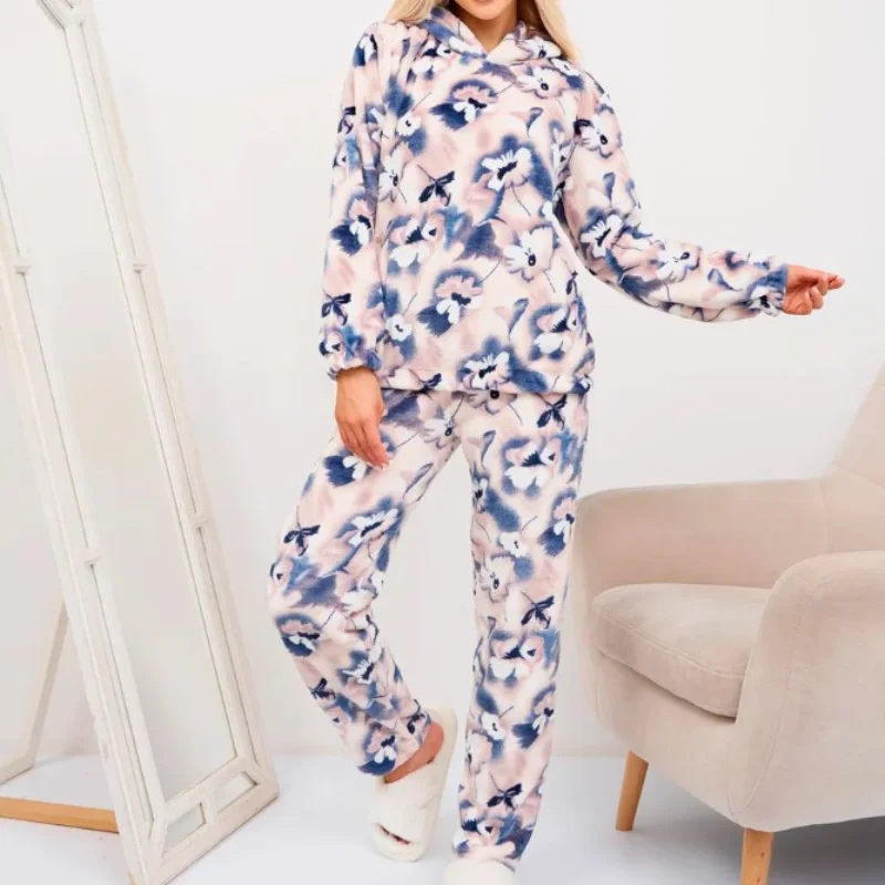 Women Novelty Sleepwear Pajamas Set 2pcs Shirt&Pants Polyester Home Clothes Print Star Velvet Long Sleeve Nightwear Loungewear