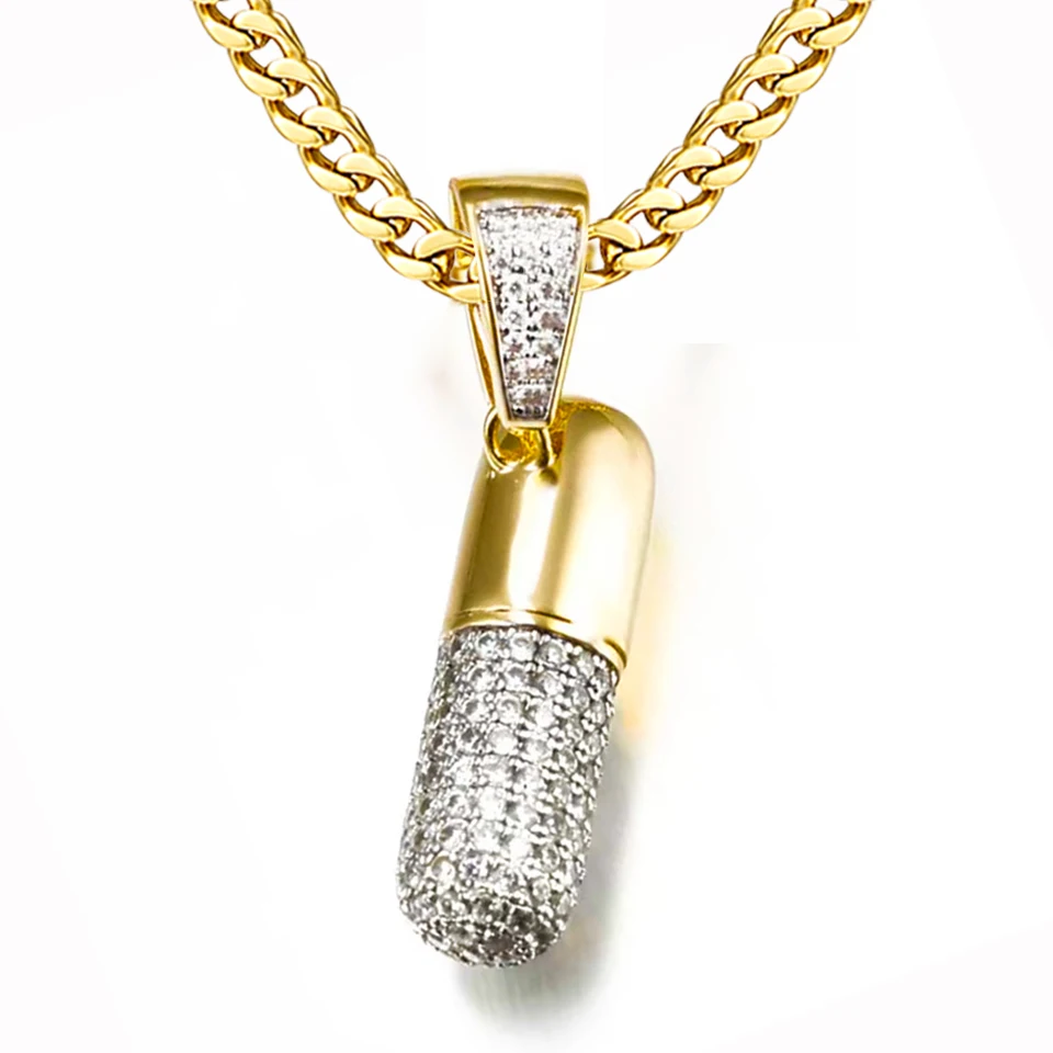 

VANAXIN Small Capsule Pill Pendant Necklace 14K Gold plated Hip Hop Full Iced Out Cubic Zirconia Chain Men Jewelry