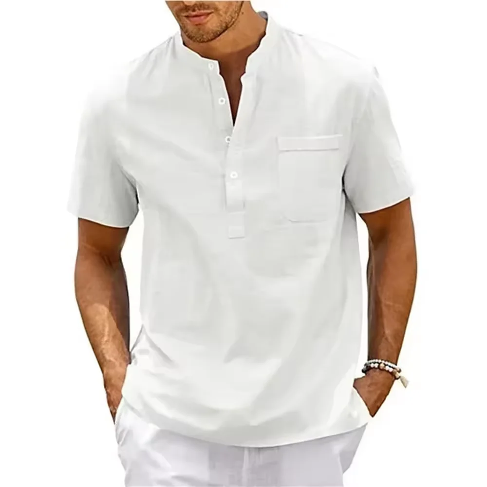 Summer Men's Casual Linen Henley Shirt Stand Collar Short Sleeve Chest Pocket Breathable Beach Top