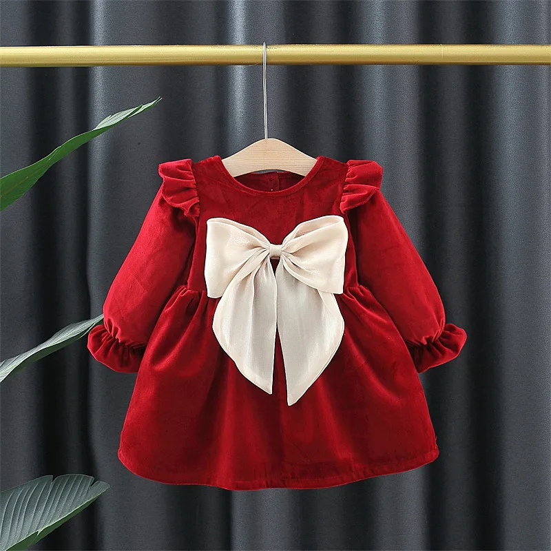 Baby Girl Cute Costume Fall 2023 Children Mesh Cotton Dress with Long Puff Sleeve Princess Dresses Spring Bow Dress for Girls