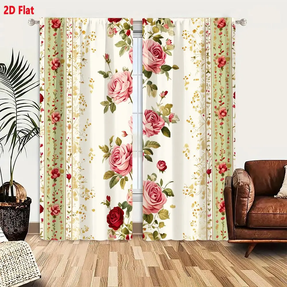 2Pcs Curtains 2D Flat Vertical Seamless Floral Pattern Vintage Shabby Chic Roses Sage Green Pink Crimson Red Botanical Print Win