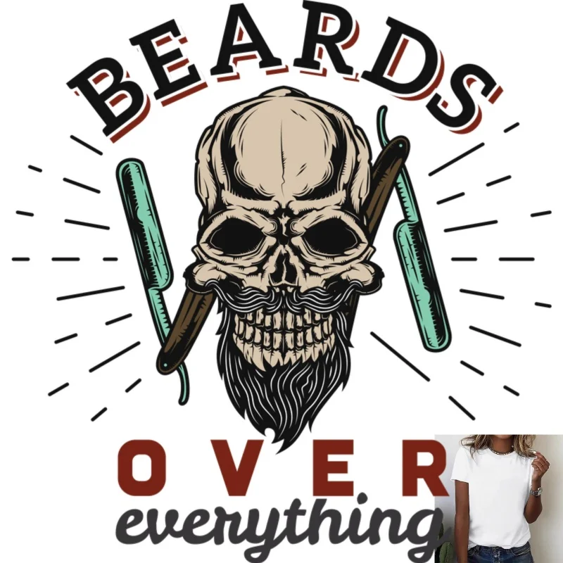 Retro Skull Beard Razor Pattern Heat Transfer White Ink Iron - on, Trendy & Stylish, Suitable for T - shirts, Canvas Bags &
