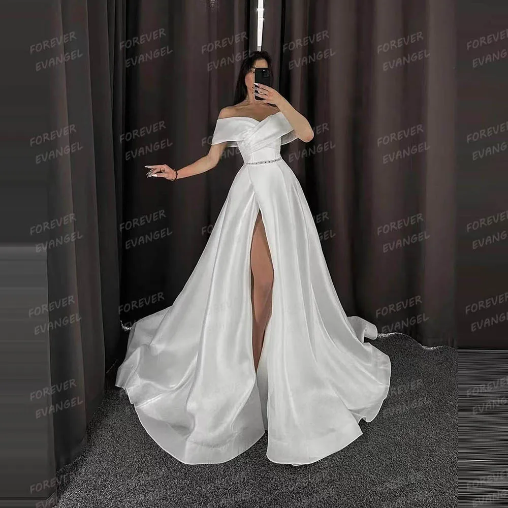 

Simple Off Shoulder Wedding Dresses A Line Woman's Short Sleeve Sexy High Side Split Satin Bride Gowns Satin Vestidos De Novia