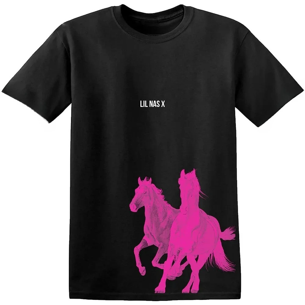 

Lil Nas X Pink Horses Peripheral Pattern Printing Summer Luxury Brand Cotton Men's and Women's T-Shirts Short Sleeves