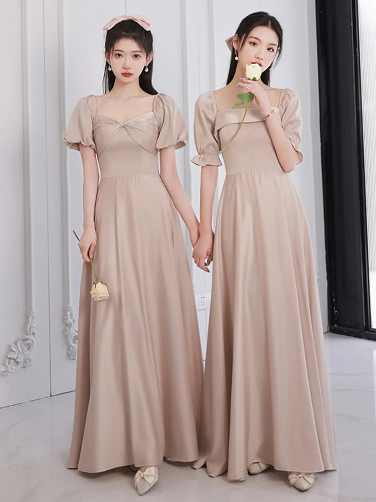 Khaki Satin Bridesmaid Dress New Spring Autumn Temperament Host Evening Dress Women's Length Style Fit Slim Dresses