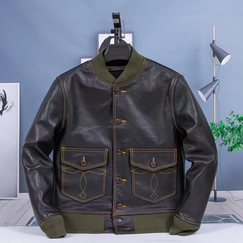 

American Retro Wax Dyed Goat Skin Deer Fur Simulation A1 Flight Jacket Genuine Leather Coat for Men Fashion Urban Style