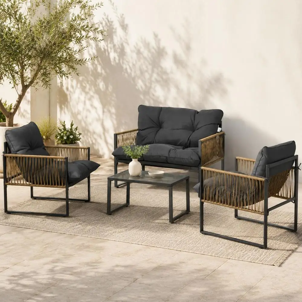 Ensemble salon de jardin 4 pièces : canapé 2 places, 2 fauteuils et 1 table basse plateau verre trempé, 3 coussins - gris