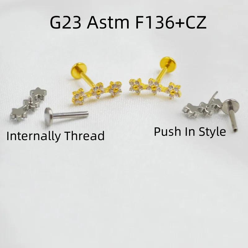 

10pcs Body Jewelry G23 Titanium F136 Flowers CZ Lip Labret Bar Ear Helix Tragus Rook Barbells Stud Piercing Jewelry Nice