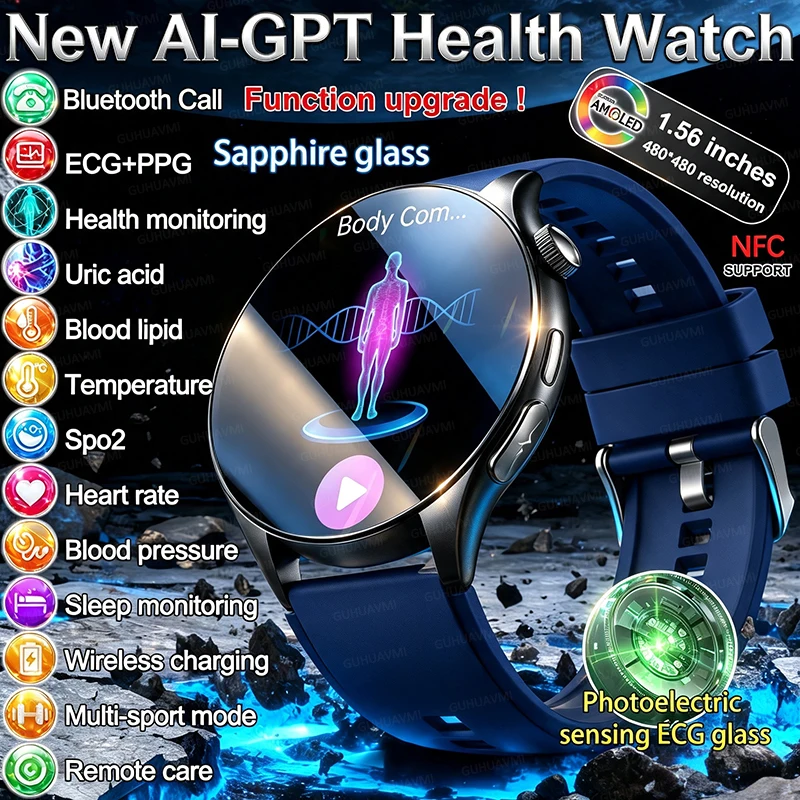 New Accurate Diagnosis ECG Smart Watch Body Fat Blood Oxygen Blood Pressure NFC 1.56“AMOLED Screen HD Call Smart Watch Men Women