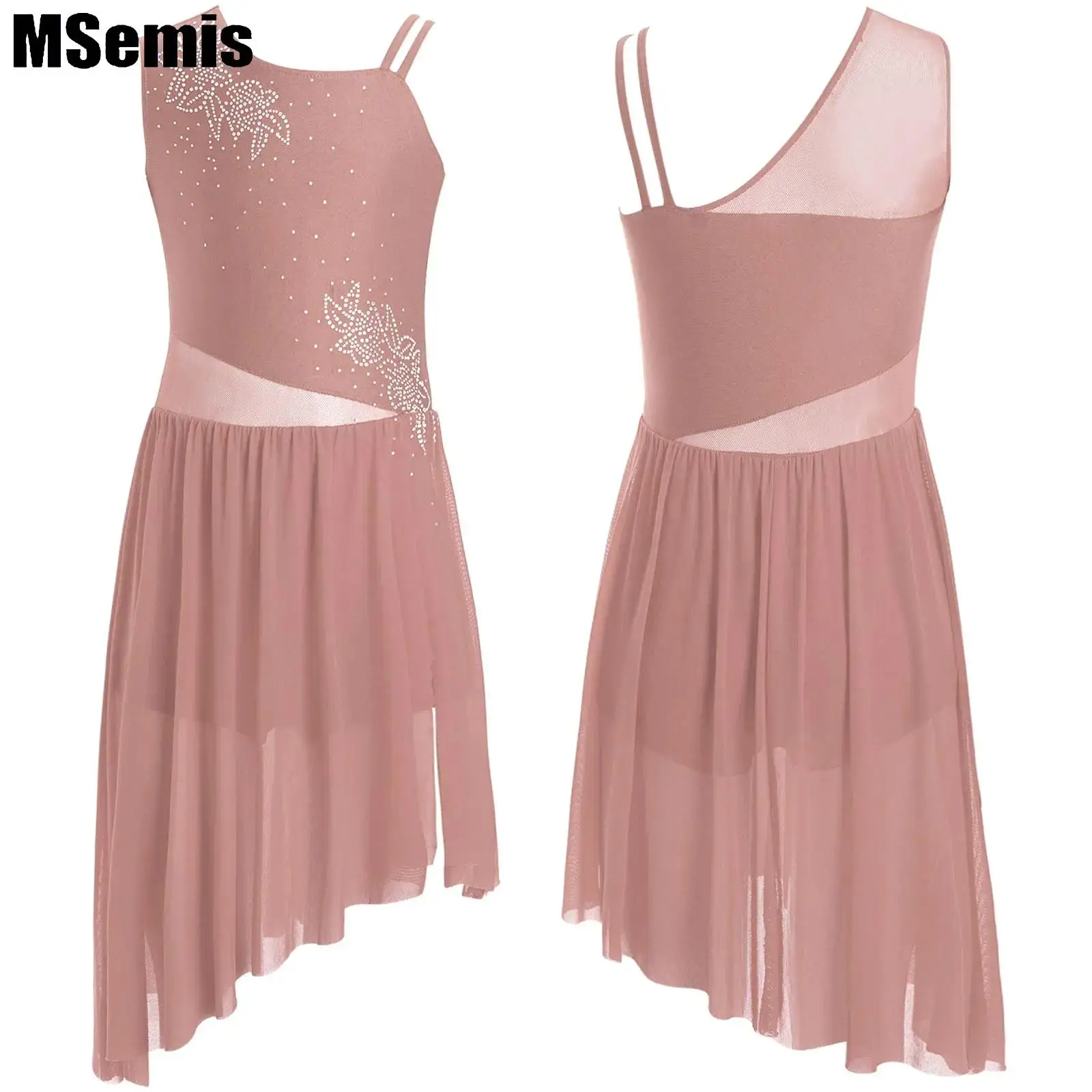 

Kids Girls Lyrical Dance Dress Sleeveless Shiny Rhinestones Flower Pattern Asymmetrical Side Slit Dress Dancewear