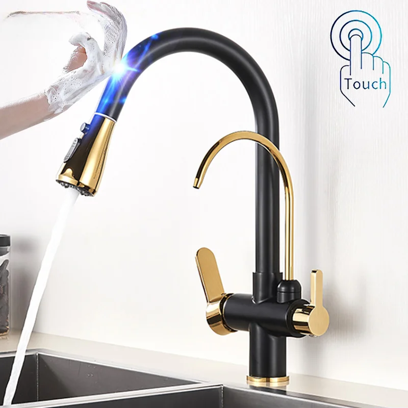 Smart Touch Filter Kitchen Faucets Black Gold Hot Cold Pull Out Kitchen Mixer Tap Rotation Sensor Touch Filter Kitchen Faucet