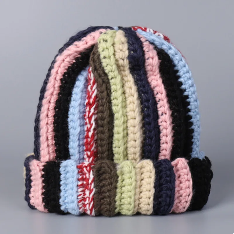 Japanese Handmade Stick Needle Wool Beanie Hat Women Winter Warm Ear Protection Colored Wool Striped Knitted Hat