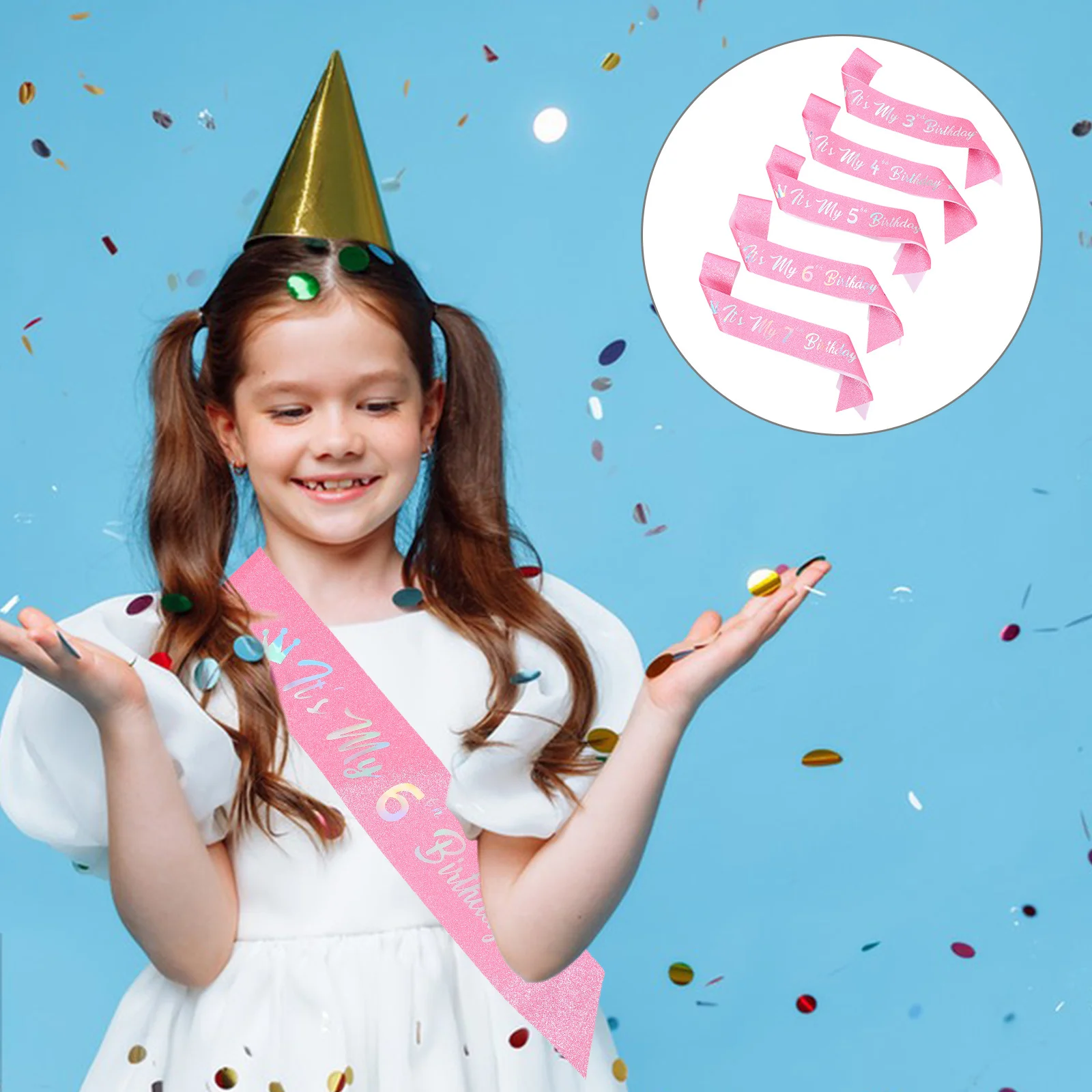 

5Pcs Pink Glitter Birthday Sash Princess Style Soft Fabric Happy Birthday Decoration for Party Accessories Dress Up