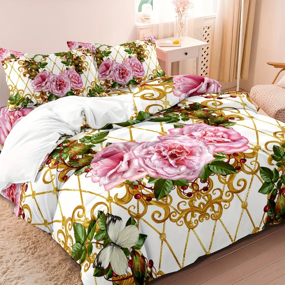3pcs-green-gold-bedding-set-pink-flower-print-cozy-duvet-cover-set-king-queen-twin-single-size-birthday-gift-adult-bedroom-decor