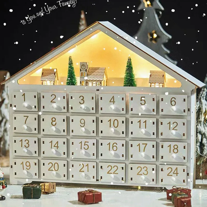 Wood Advent Calendars Christmas House LED Lights 24 Days Countdown Storage Organization Figurines Room Home Decor 2023 News