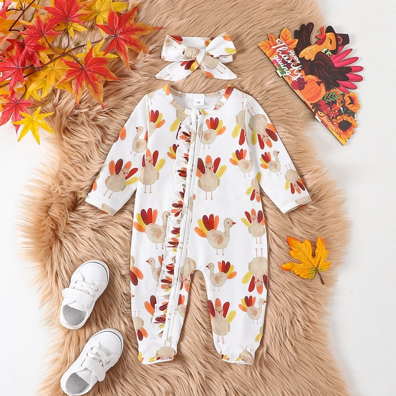

Newborn Baby Boy Girl Thanksgiving Clothes Turkey Print Rompers Long Sleeve Ruffle Zipper Footies Fall Winter Clothes