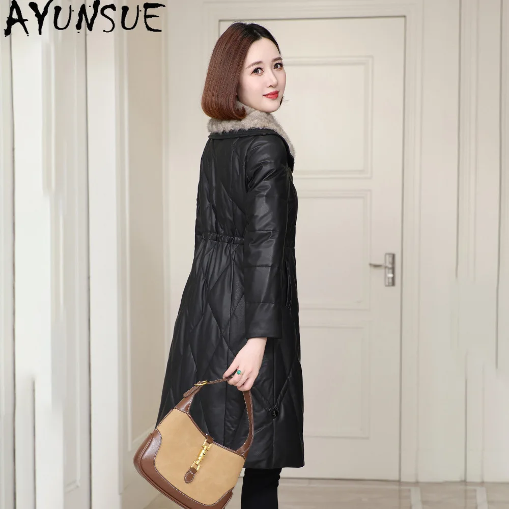 AYUNSUE Genuine Leather Down Jacket Women Winter Clothes 2025 Mid-length Sheepskin Womens Coats Mink Fur Collar Jaqueta De Couro