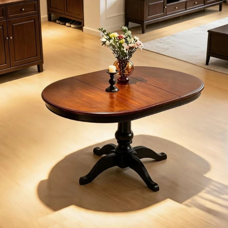 French antique style, solid wood telescopic folding dining table and chair combination, American retro, oval shape