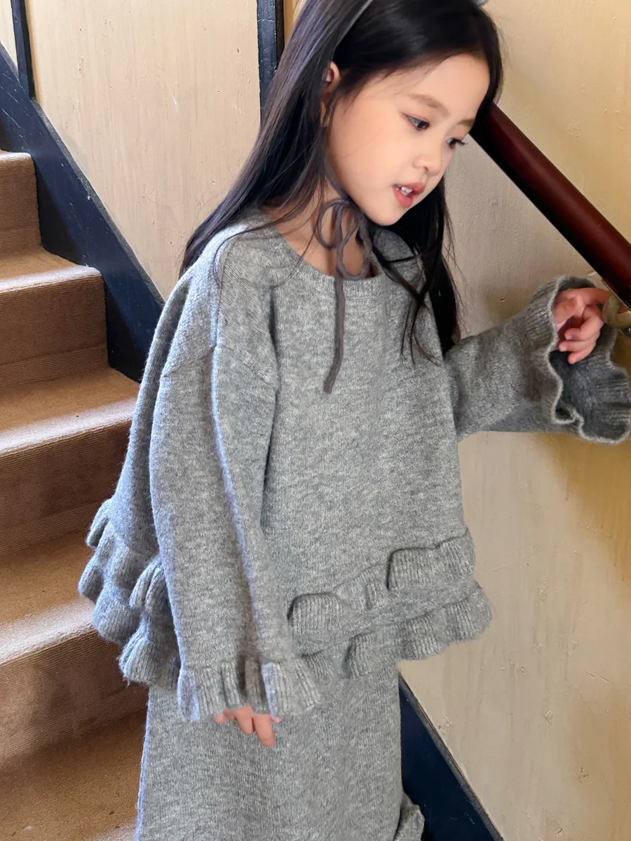 Childrens Sets Girl Korean Fashionable Flower Edge Sweater Children Autumn New Knitting Two Pieces 2024 Round Collar Simple