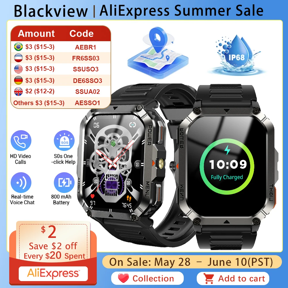Blackview W70 Pro Outdoor Smartwatch SOS Blood Oxygen 900mAh 2.01'' HD Full View Screen Waterproof Flashlight Compass Men Women