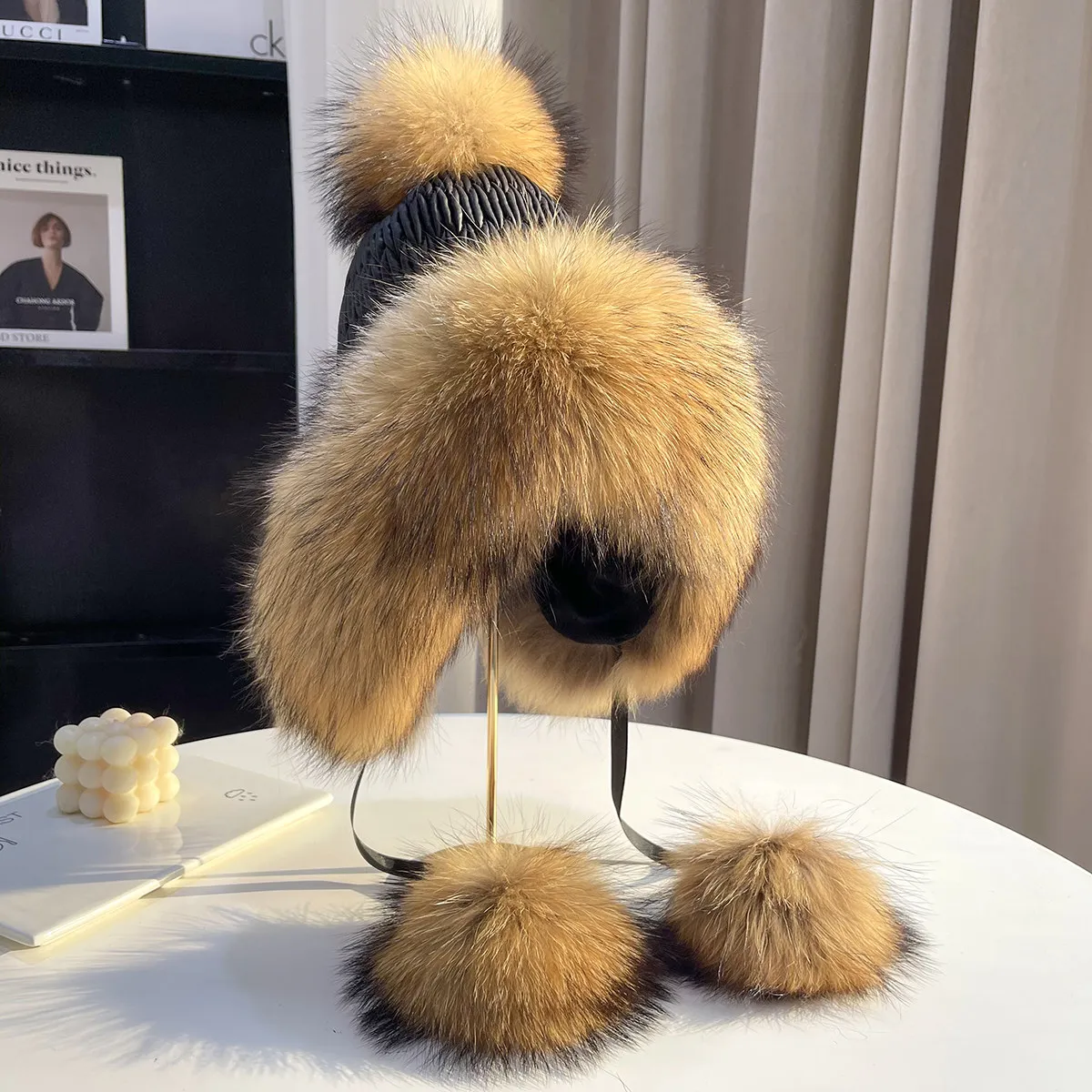 Luxury Real Fox Fur Hat Women Winter Knitted Earflap Hat Warm Plush Thick Windproof Hat For Cold Weather Casual Outdoor Wear