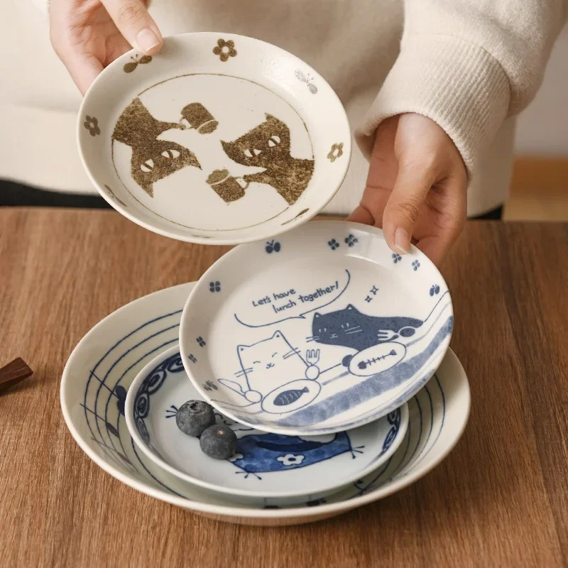 Japanese Import Cute Cat Ceramic Dinner Plate Round Dish for Home Kitchen Tableware