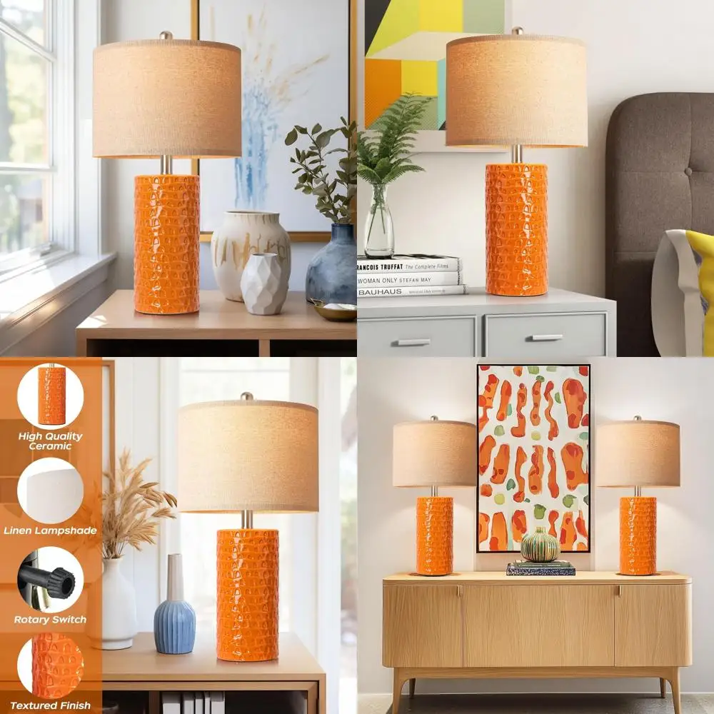 

Pair of 23 Modern Ceramic Table Lamps, Ideal for Living Room and Bedroom, Rustic Farmhouse Style, Nightstand Lighting, Orange Ho