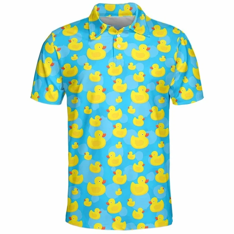 Cute Yellow Duck Pattern Golf Polo Shirt Men 3d Printed Cartoon Tennis Shirt Summer Street Loose Short Sleeve Tops Button Tees - view 3