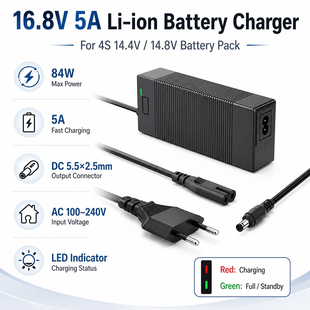 16.8V 5A Lithium Battery Charger 4S Li-ion Pack Power Adapter DC 5.5x2.5mm Center Positive LED Indicator