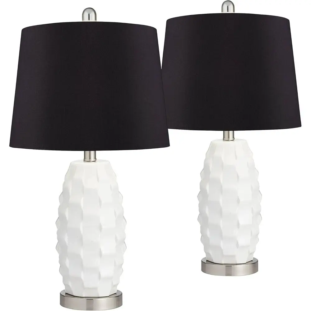 

Scalloped Edge Ceramic LED Table Lamps, 24.5 Tall, Set of 2, White Base, Black Fabric Drum Shade for Bedroom, Living Room, Home,
