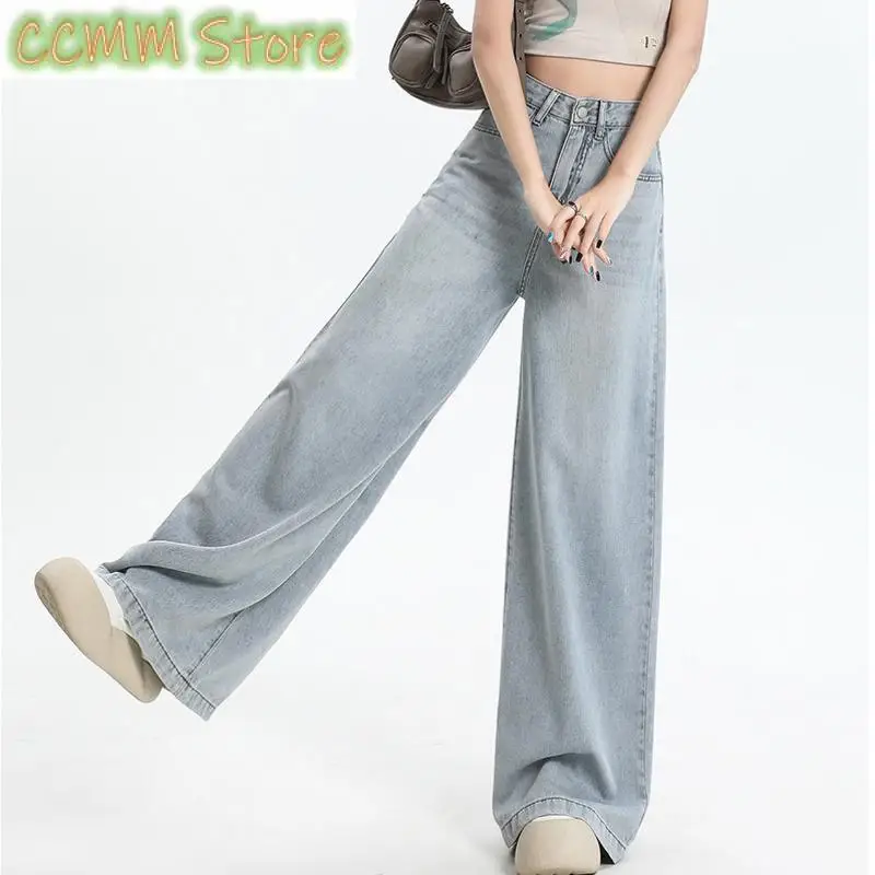 

Свободные широкие джинсы с высокой талией, прямые женские джинсы, уличная одежда, джинсы на бедрах, женские джинсовые синие джинсы в корейском стиле