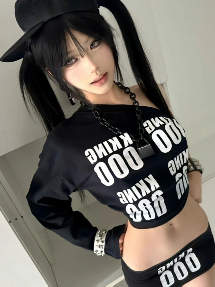 Summer Streetwear Two-piece Set Letter Sexy One Shoulder Grunge T-shirt + Low-waistline Mini Skirts Y2k Aesthetic Vintage Suit