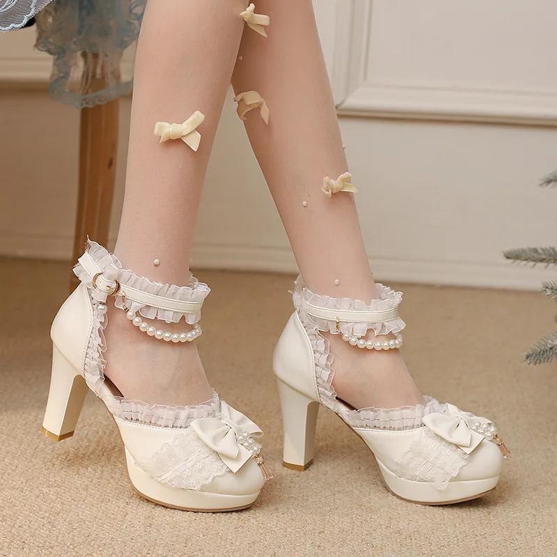 Women Sweet Bow Ruffle Beaded Candy Shoes Closed Toe Chunky High Heel Summer Sandals