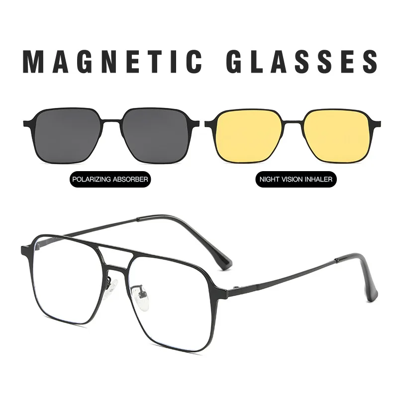 

3 In 1 Metal Style Magnet Clip On Glasses Frame Trend Polarized Sunglasses For Men Optical Computer Glasses Night Vision Clips