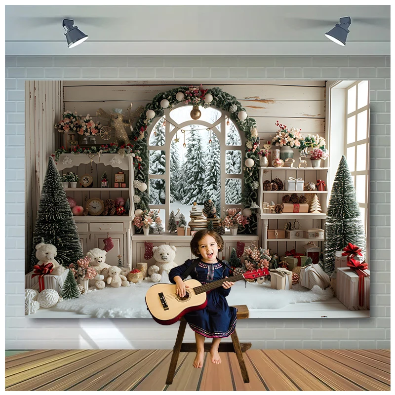 

Christmas Home Decoration Background For Photographs Gift Wooden Wall Bear Christmas Tree Backdrop Baby Shooting Props Photozone