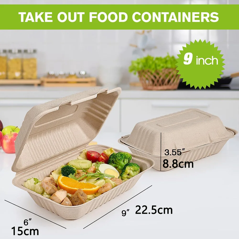 Clamshell Take Out Food Containers Compostable To Go Containers Disposable, 9X6 inch Heavy-Duty To Go Boxes, Eco-Friendly