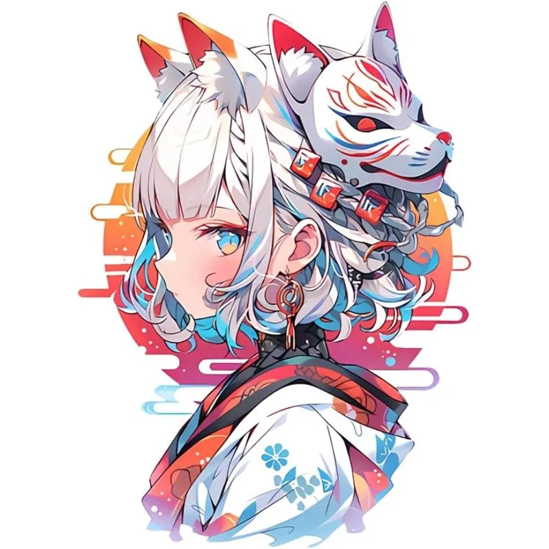 Waterproof Kitsune Mask Anime Girl Vinyl Decal, Glossy Durable Sticker Fit Auto Motorbike Notebook Helmet Daily Decor