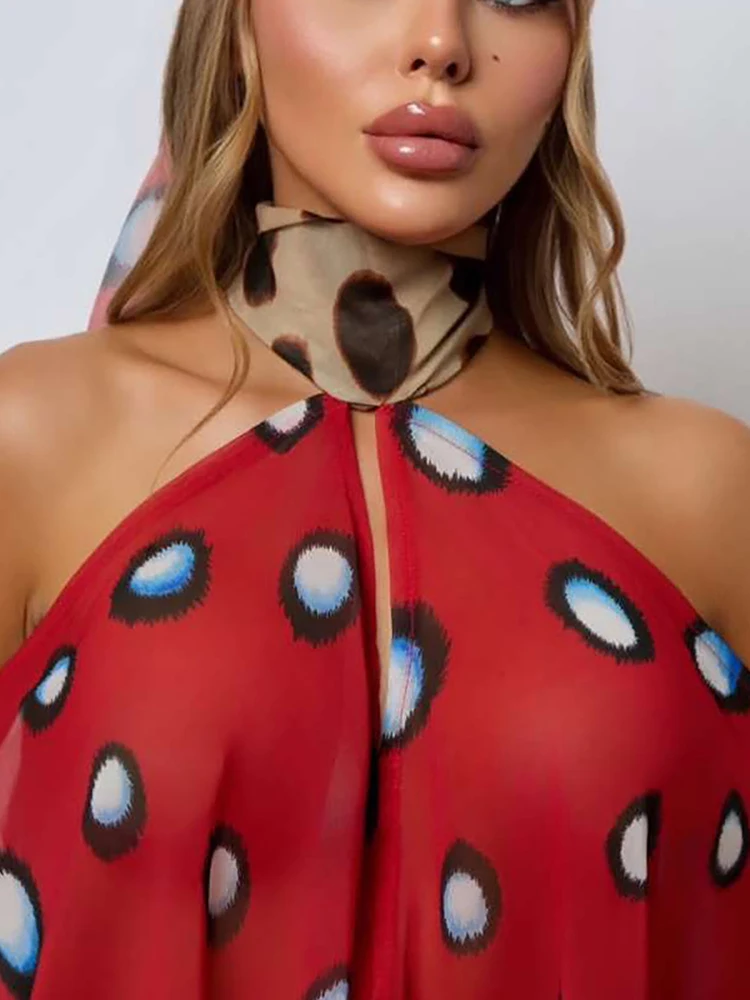 Kliou Kontrast-Patchwork-Playsuits+Kopftuch Damen Neckholder Off-Shoulder Rückenfrei Laternenärmel High-Street-Stil Klassische Rompers – Detail 14