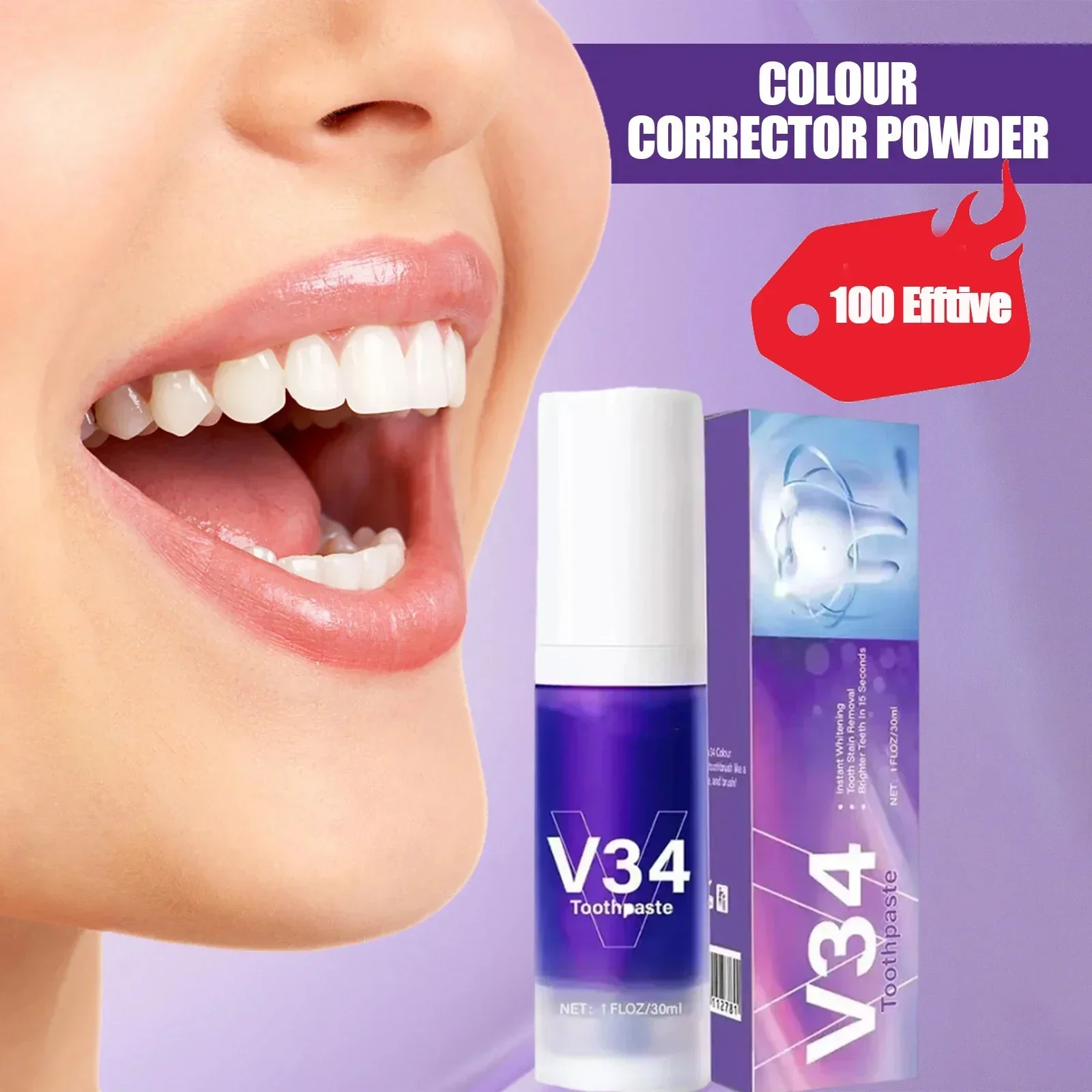 Corrector de color de pasta de dientes púrpura V34, blanqueamiento dental, brillo, reducción de color amarillo, Limpieza de dientes