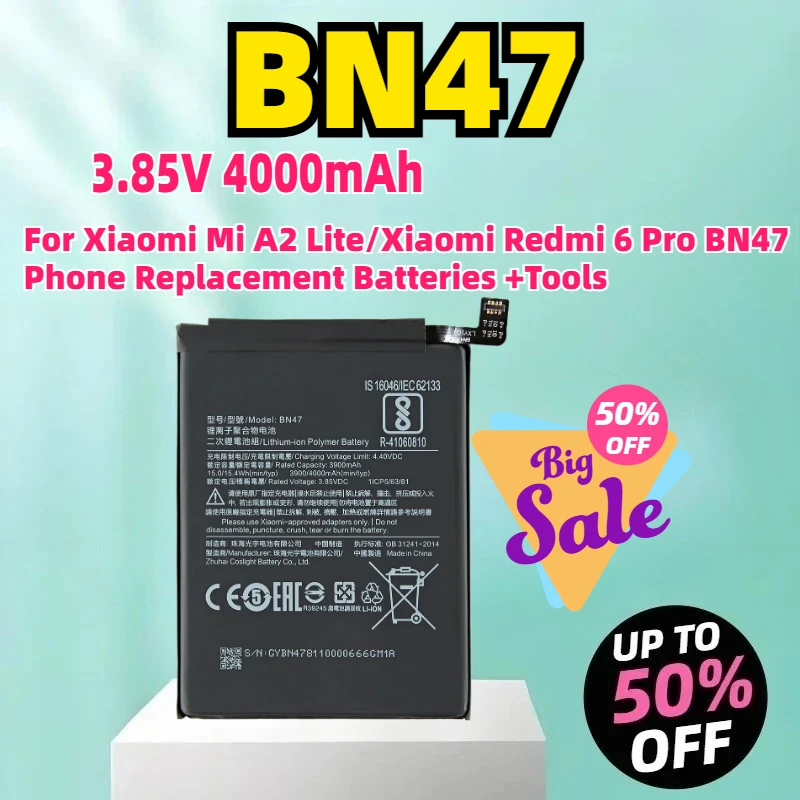 

BN47 3.85V 4000mAh Battery For Xiaomi Mi A2 Lite/Xiaomi Redmi 6 Pro BN47 Phone Replacement Batteries +Tools