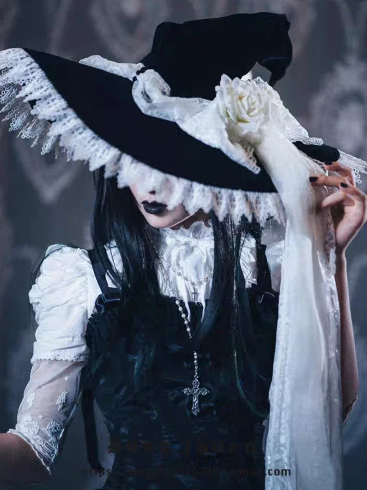 

Handmade Lace Witch Pointed Hats Bandage Bow Wizard Hat Adult Gothic Lolita Cosplay Costume Accessories Halloween Party Hats
