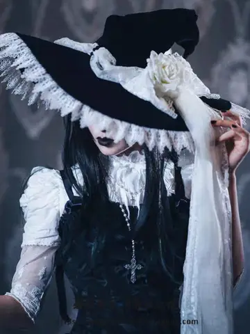 수제 레이스 마녀 포인트 모자, 붕대 활 마법사 모자, 성인 고딕 로리타 코스프레 코스튬 액세서리, 할로윈 파티 모자