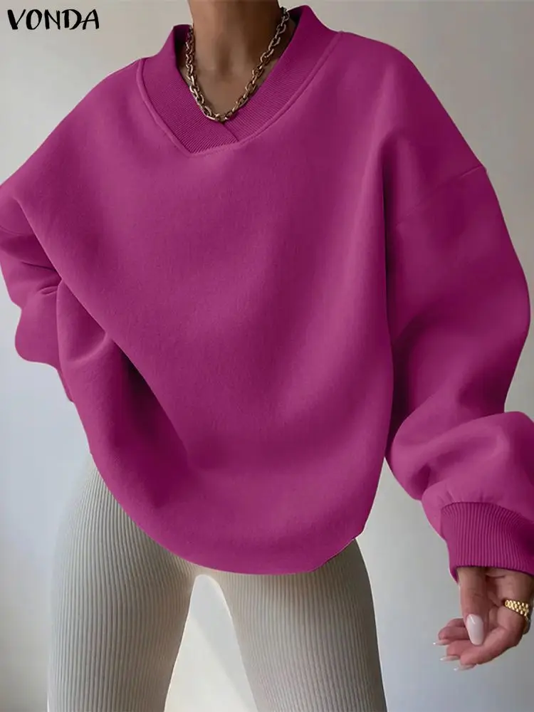 

Plus Size 5XL VONDA Fashion Women Sweatshirts Long Sleeve Solid Pullovers 2025 Autumn V-Neck Casual Jumpers Loose Elegant Shirts