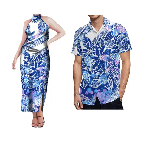 Polynesian Couple Set Clothing Women Halter-Neck Slim Sexy Dress Hawaiian Men'S Formal Shirt Custom Samoa Island Clothing