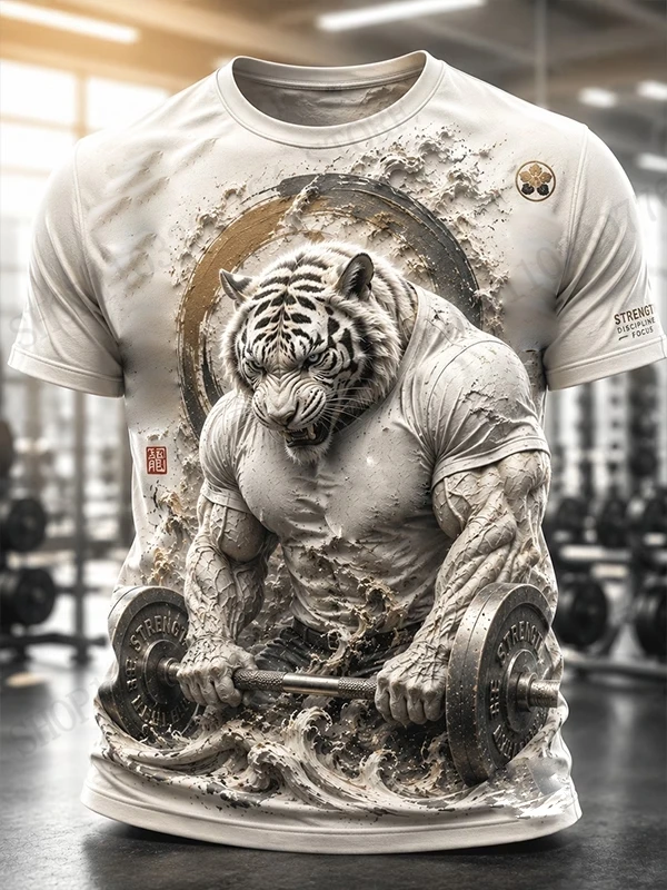 2027 New Mens T-shirt 3D White Tiger Pulled Hard Print Tshirt Men Women Fashion Street Running Gym Sports Short Sleeve Tops Tees