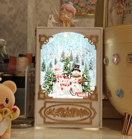 Creative Luminous Christmas Style Resin Lamp Ornament Desktop Drifting Snow Music Box Holiday Decoration Gift Home Accessories