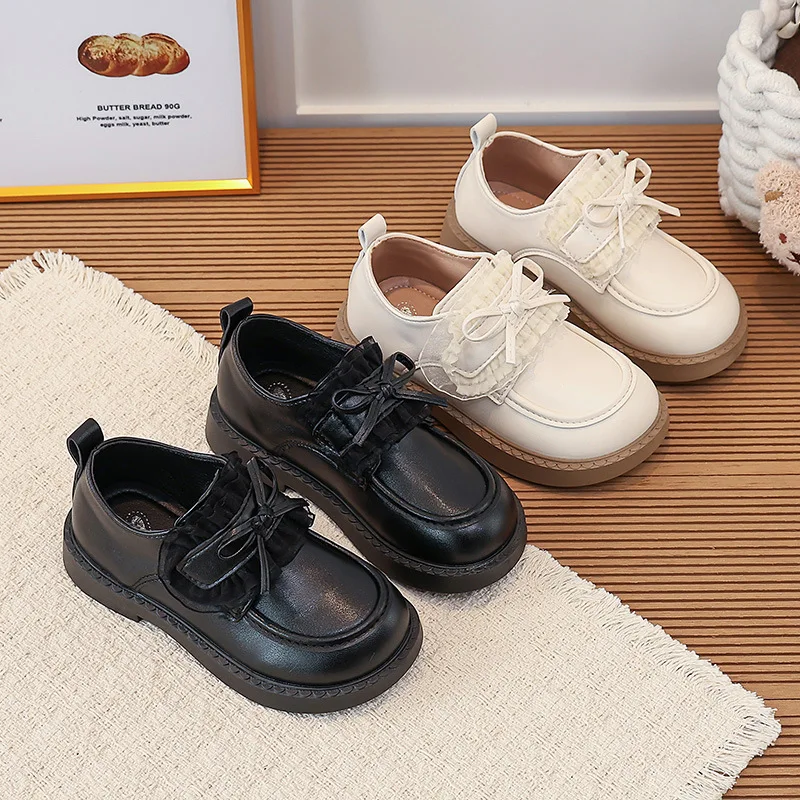 Little Girls Fashion Fringe Bow Decor Shoes Kids Autumn Lace-Up PU Leather Non-Slip Soft Rubber Sole Shoes for Wedding Party